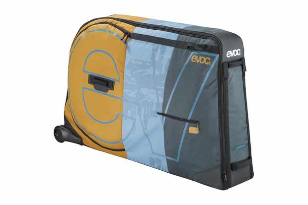Image of a yellow, blue and grey bike travel bag on a white background