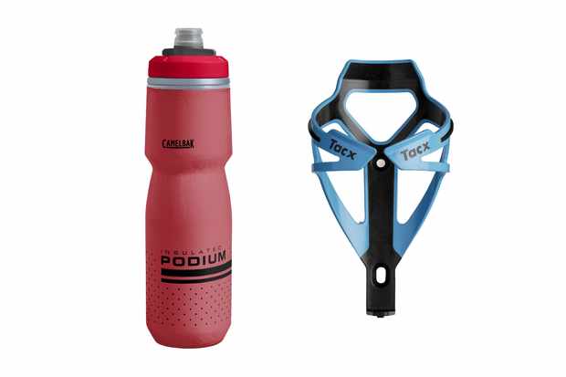 A red water bottle and blue bike bottle cage on a white background