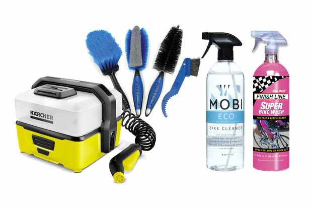 Collage image of cleaning brushes and spray, and a pressure washer, on a white background