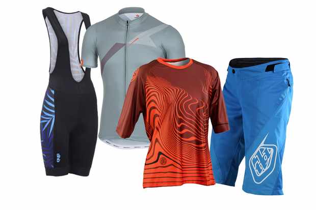 A collage of cycling clothing including blue shorts, a red loose top, a grey tight top and a pair of black bib shorts, on a white background