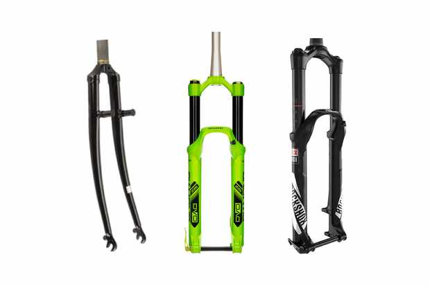 Collage image of 1 set of road forks and 2 sets of mountain bike suspension forks on a white background