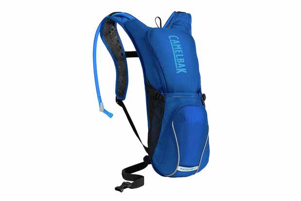 a blue hydration rucksack on a white background