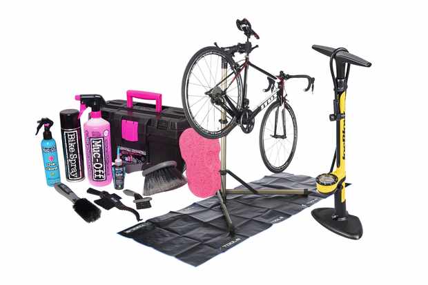 Collage of photographs of a bike in a work stand, a Muc-Off cleaning bundle and a yellow track pump
