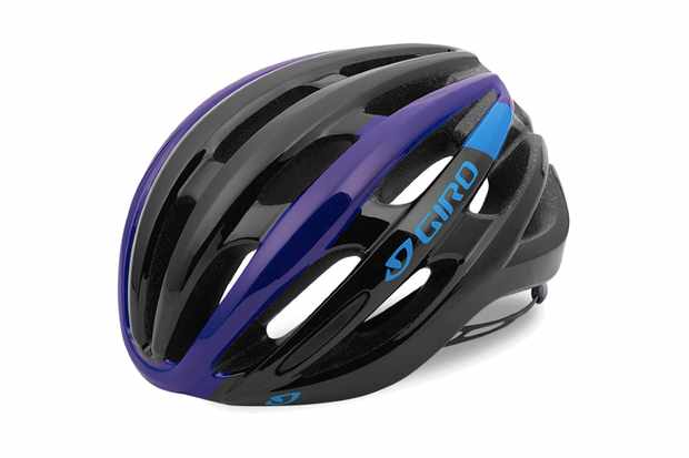 Image of black, purple and blue road cycling helmet on a white background