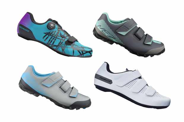 Image of 4 different types of cycling shoes on a white background