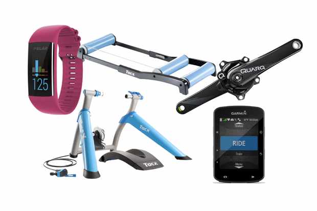 Collage of images of a turbo trainer, gps bike computer, smart watch, power meter and roller on a white background